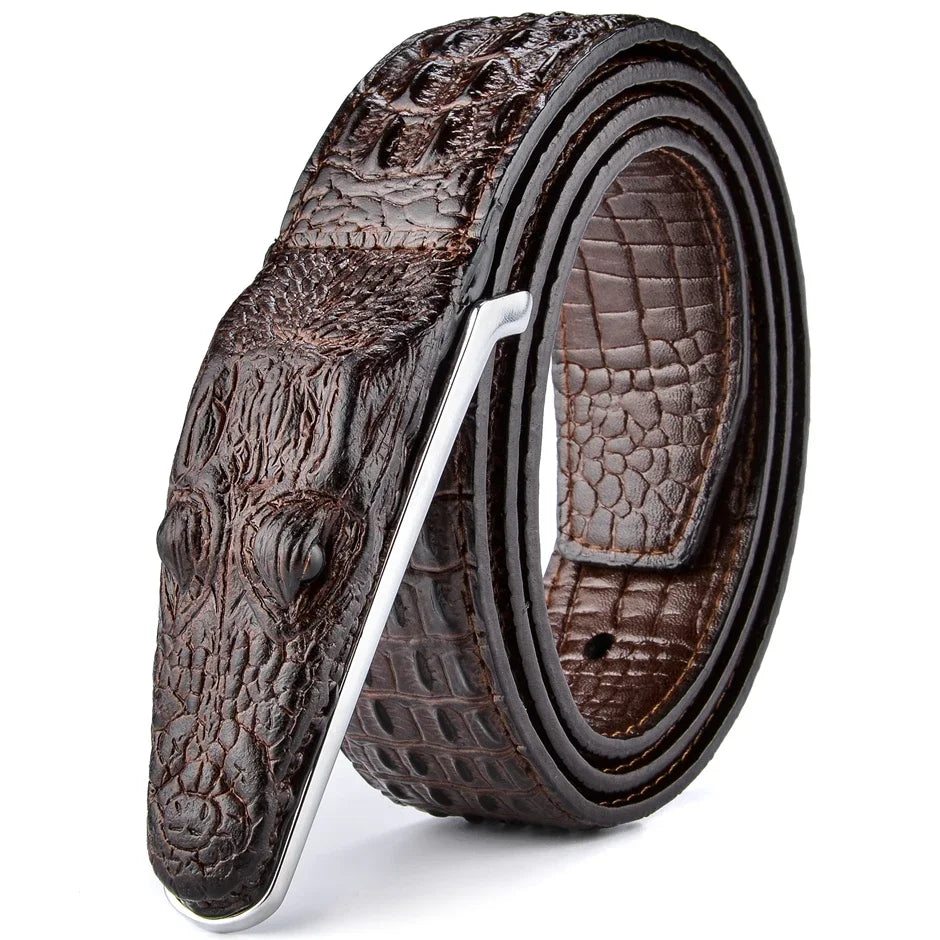 Men's Crocodile Pattern Leather Belt with Smooth Buckle