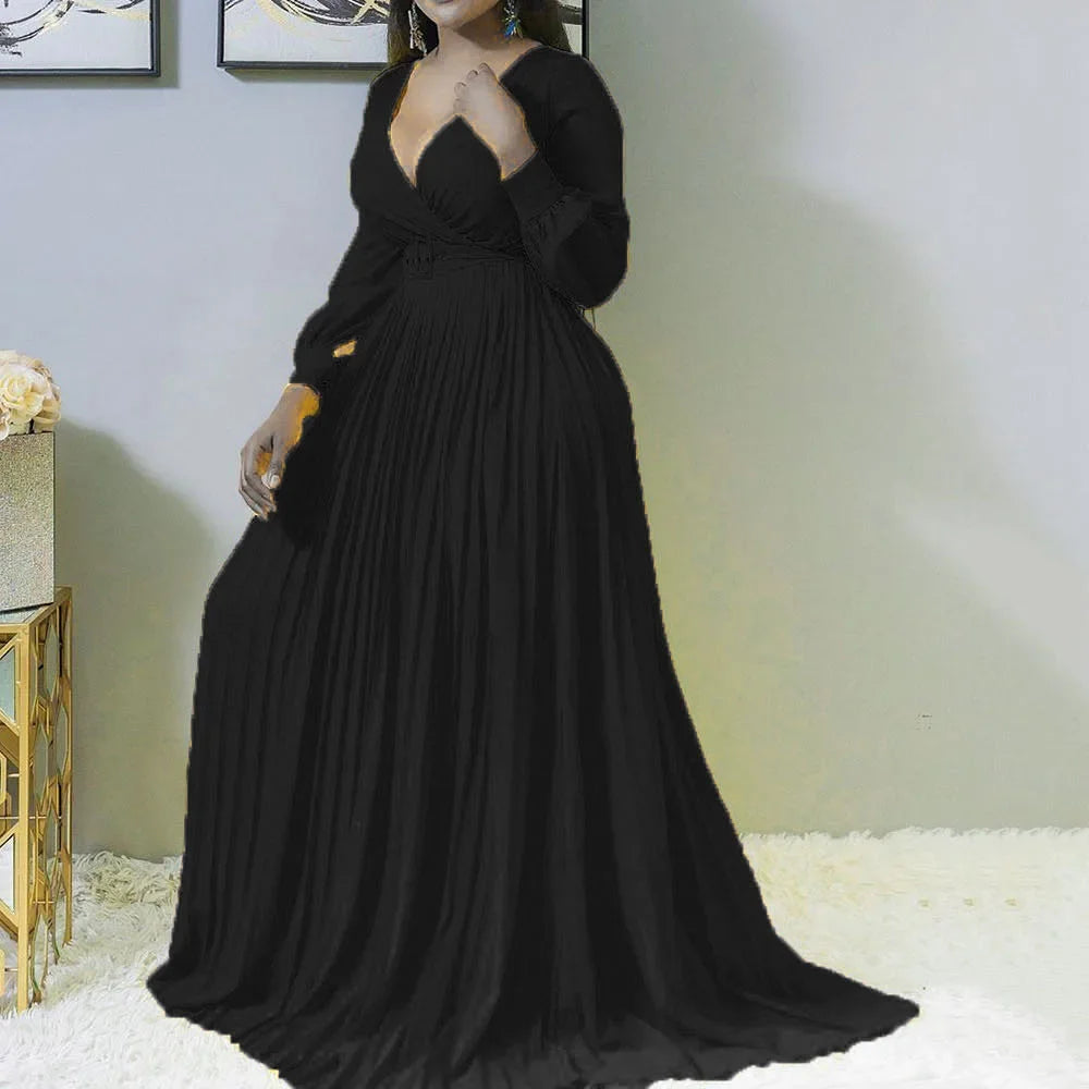Women's Elegant V-Neck Long Sleeve Pleated Maxi Dress