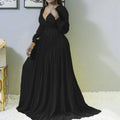 Women's Elegant V-Neck Long Sleeve Pleated Maxi Dress