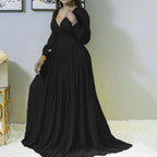 Women's Elegant V-Neck Long Sleeve Pleated Maxi Dress