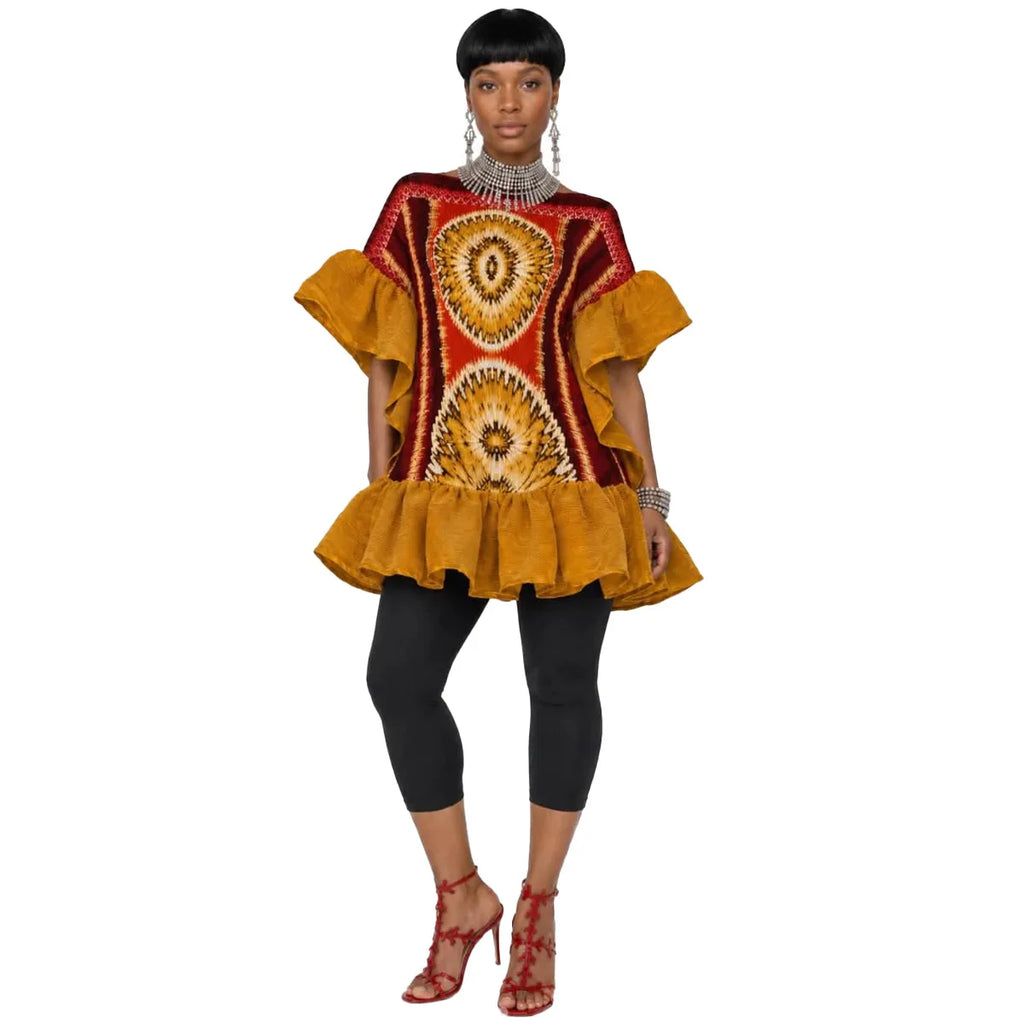 Women's Flare-Sleeve Dashiki Kaftan Mini Dress