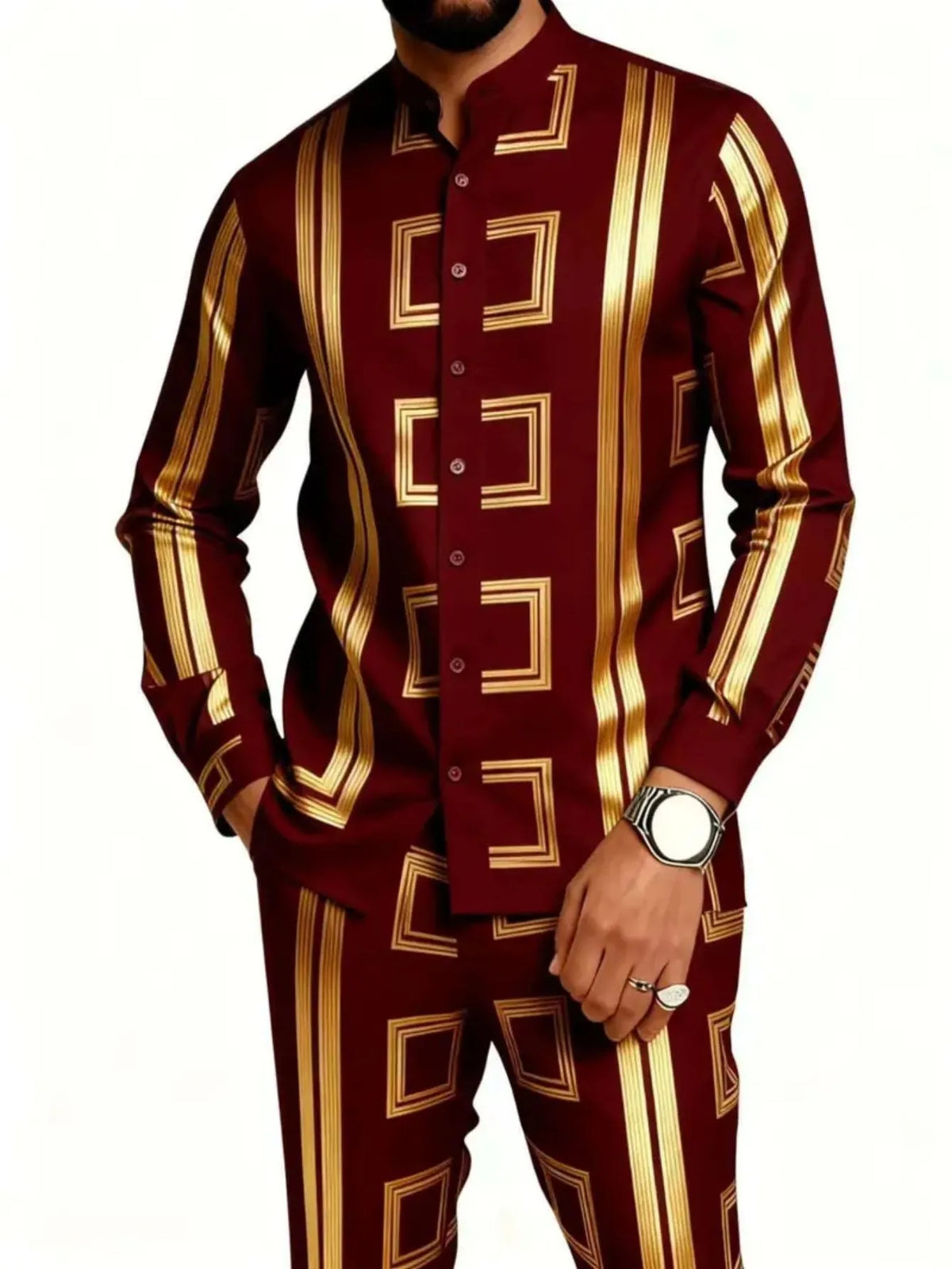 Men's Casual 3D Print Long Sleeve Shirt and Pants Set