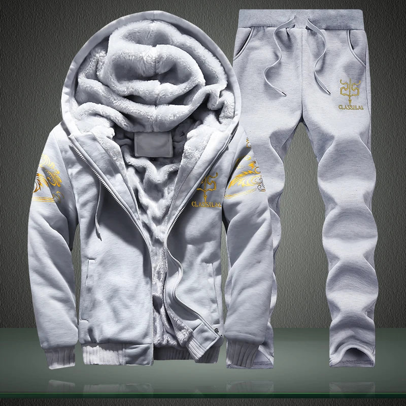 Men's Winter Hooded Plush Thickened Two Piece Set
