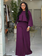 Women's Lantern Sleeve Round Neck Top and Wide Leg Pants Two-Piece Set