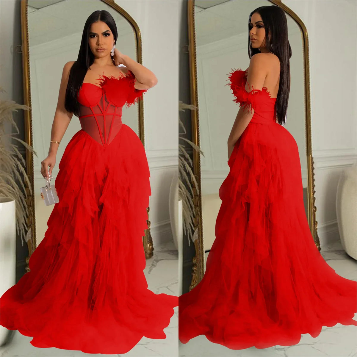 Women's Off-Shoulder Mesh Feather Floor-Length Gown