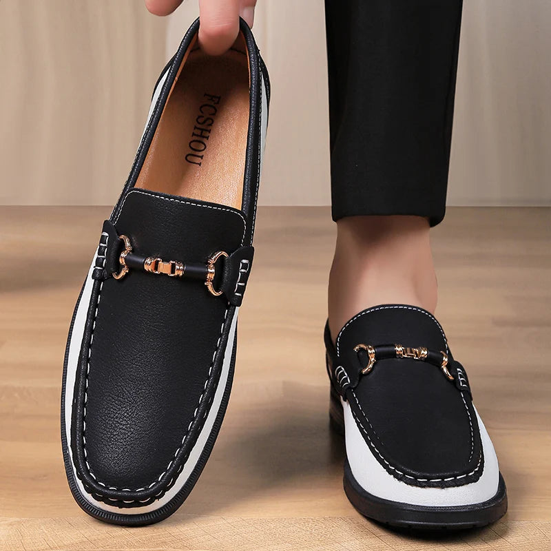 Men's Genuine Leather Slip-On Loafers with Metal Buckle