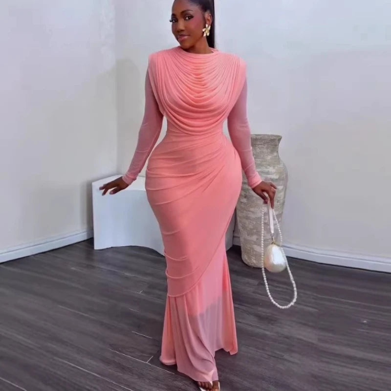 Women's Elegant Mesh Long Sleeve Mermaid Maxi Dress