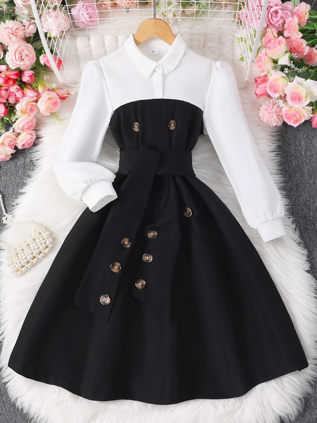 Girls' Long-Sleeved Lapel Button Contrast Color Dress