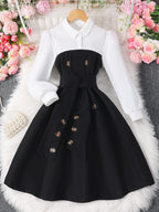 Girls' Long-Sleeved Lapel Button Contrast Color Dress