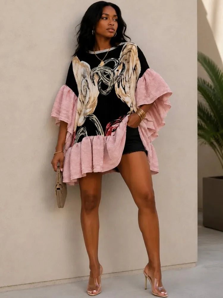 Women's Flare-Sleeve Dashiki Kaftan Mini Dress