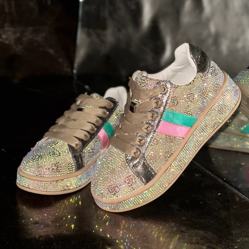 Women's Crystal Rhinestone Platform Lace Up Casual Sneakers
