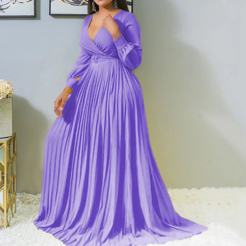 Women's Elegant V-Neck Long Sleeve Pleated Maxi Dress
