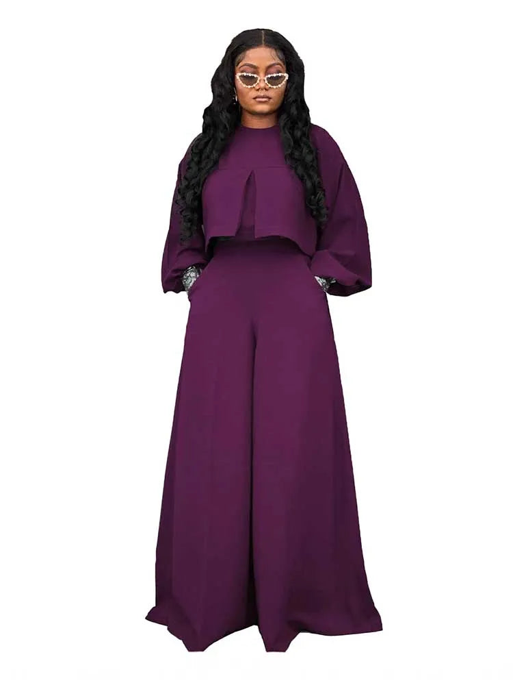 Women's Lantern Sleeve Round Neck Top and Wide Leg Pants Two-Piece Set