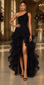 Women's One Shoulder Ruched Ruffle Maxi Dress