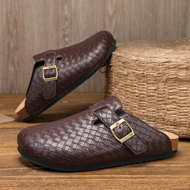 Men's Adjustable Cork Split Leather Clogs Slippers