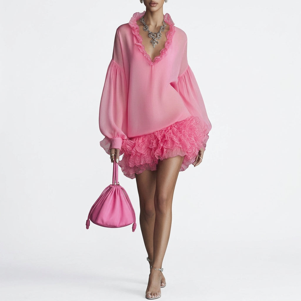 Women's Lace Trim V Neck Puff Sleeve Chiffon Mini Dress