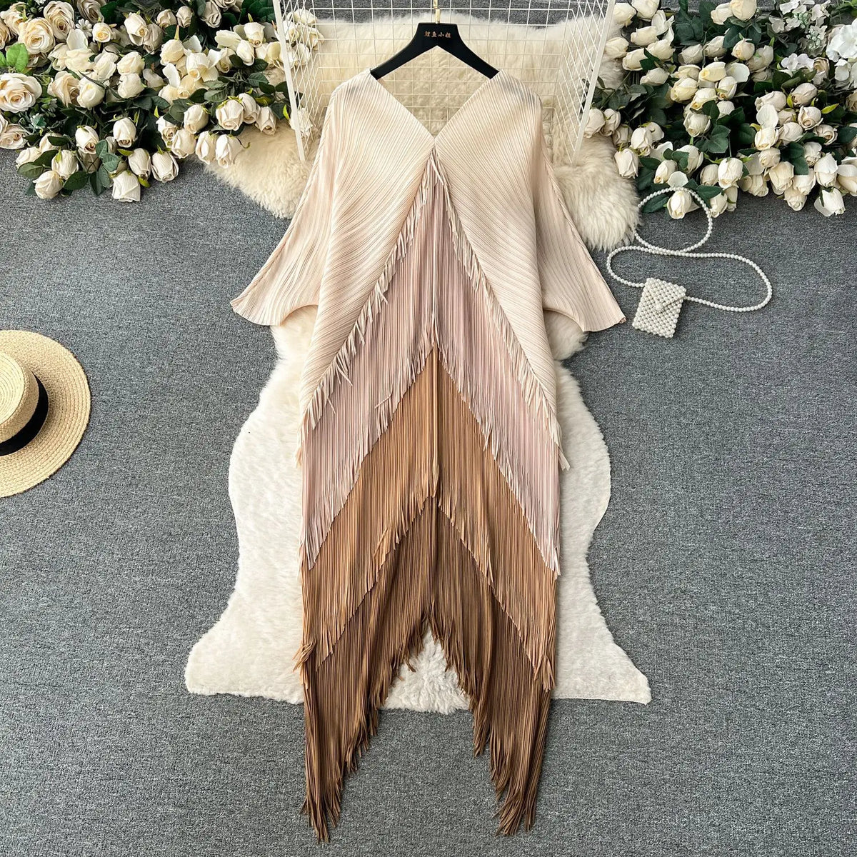 Women's Pleated Color-Block Tassel Mid-Calf Dress