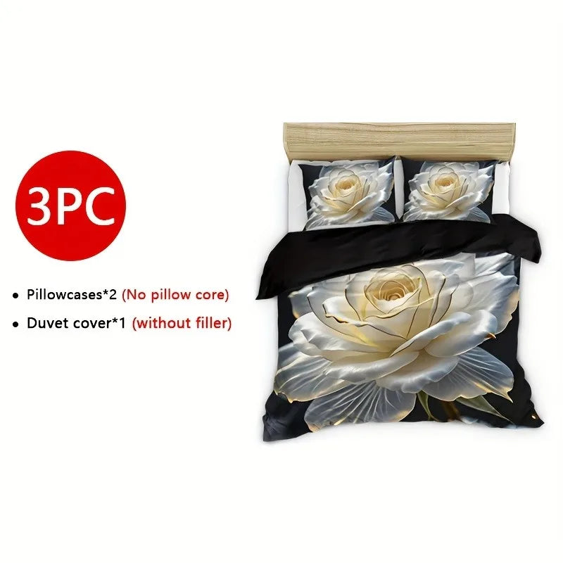 Golden Edged White Rose Print Duvet Cover Set with Pillowcases