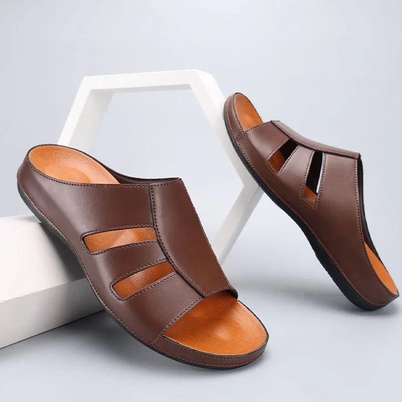 Men's Handmade Leather Peep Toe Summer Slippers