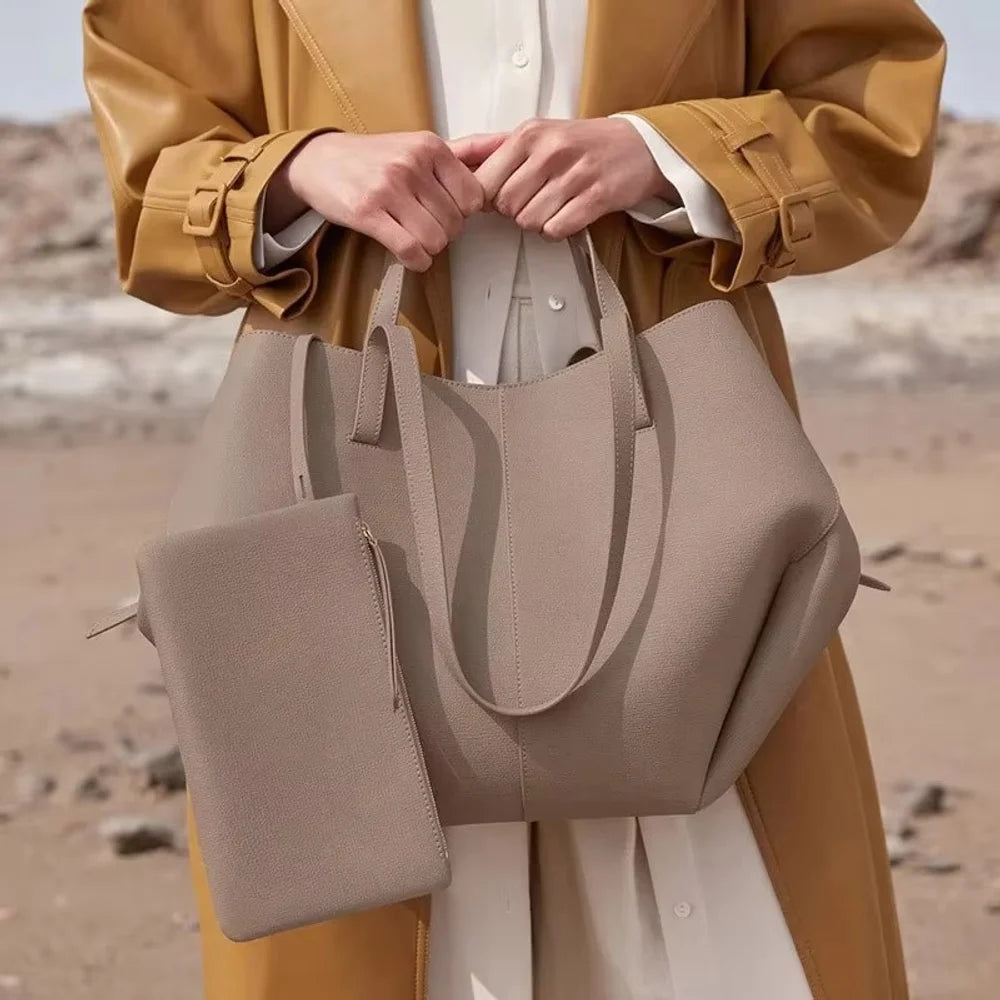 Women's Solid Color Genuine Leather Handbag Shoulder Tote Bag