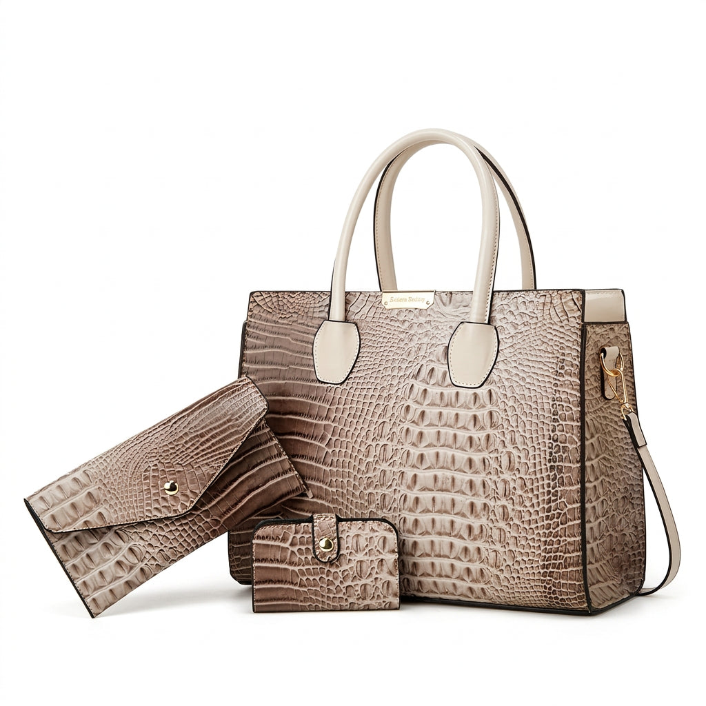 Women's Crocodile Pattern Handbag Shoulder Tote Bag Set