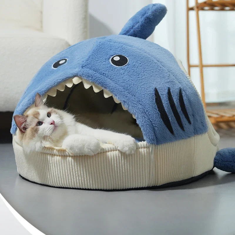 Cartoon Shark Semi Enclosed Cat Bed