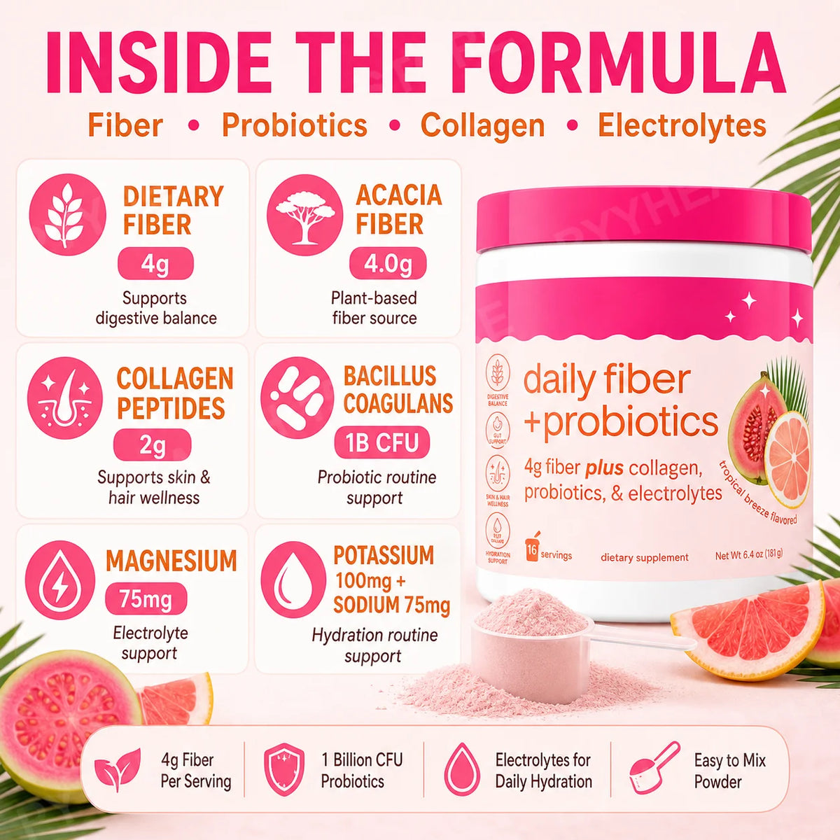 Fiber Probiotics Powder Acacia Collagen Peptides Electrolytes Tropical Breeze 16 Servings