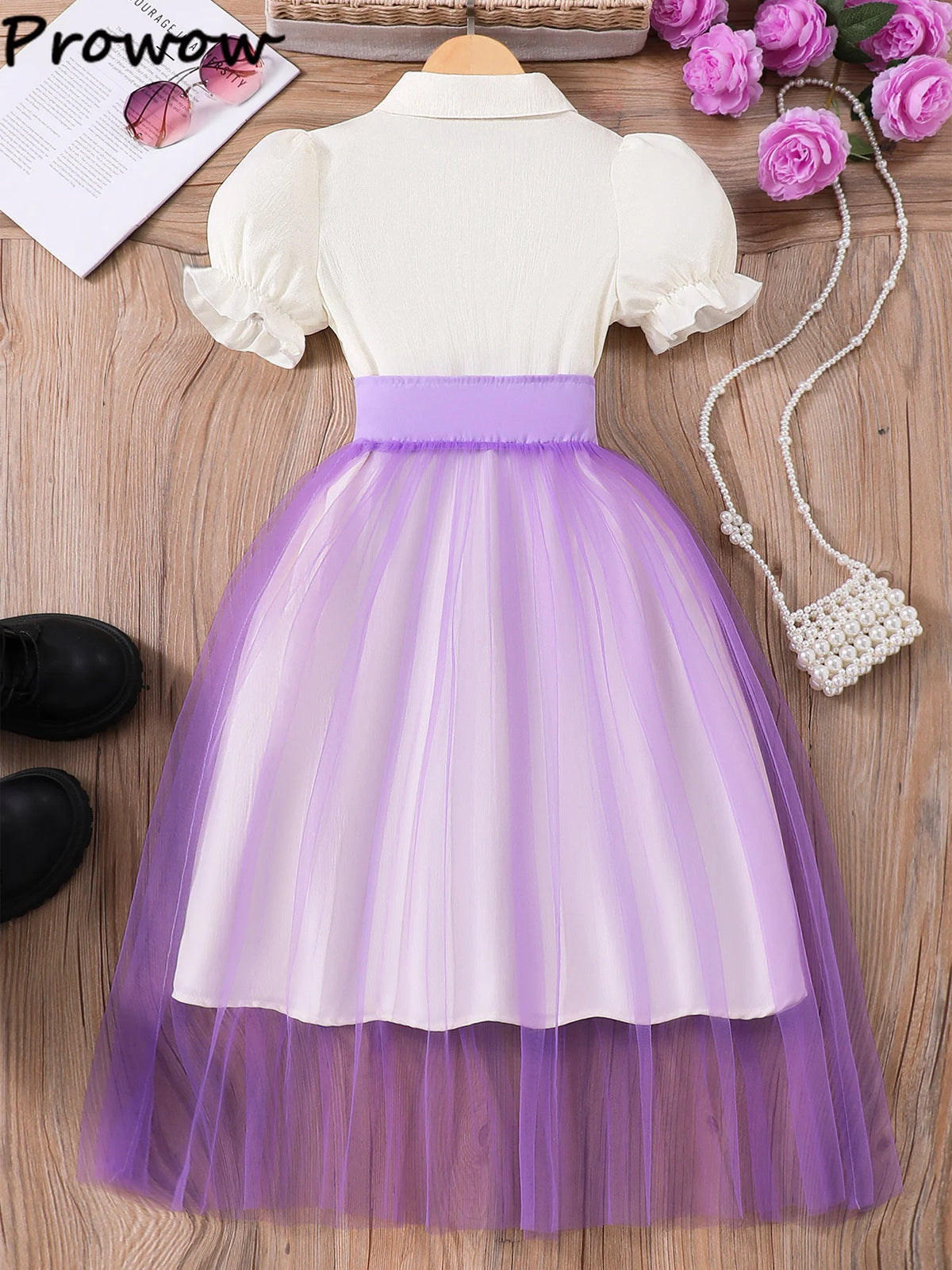 Girls' Patchwork Puff Sleeve Princess Dress with Mesh Skirt