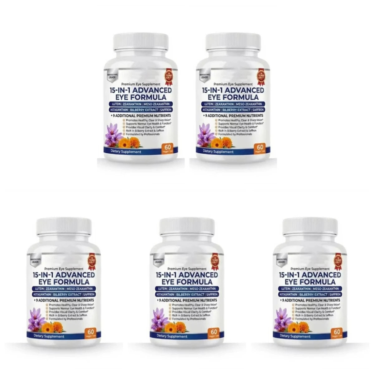 15-in-1 Eye Formula Supplement Lutein Zeaxanthin Bilberry 60 Veggie Caps