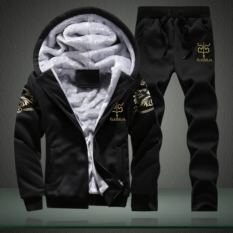Men's Winter Hooded Plush Thickened Two Piece Set