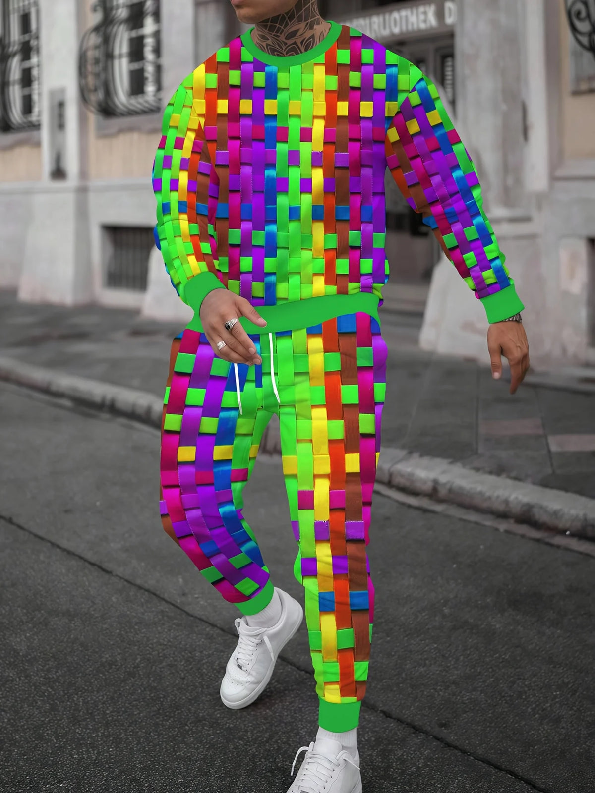 Men's Faux-Zipper Print Sweatshirt and Pants Two-Piece Set