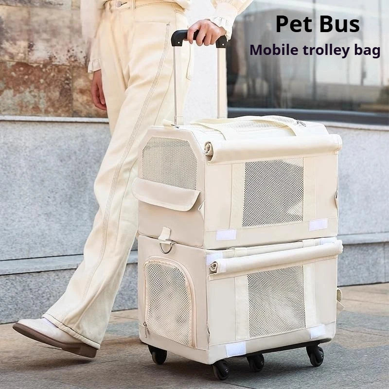 Foldable Double Layer Pet Trolley Travel Carrier for Cats Dogs