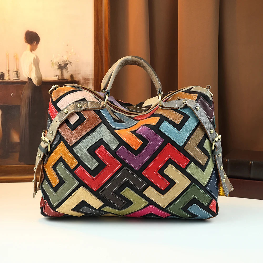 Women's Retro Geometric Color Block Genuine Leather Crossbody Tote Bag