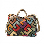 Women's Retro Geometric Color Block Genuine Leather Crossbody Tote Bag