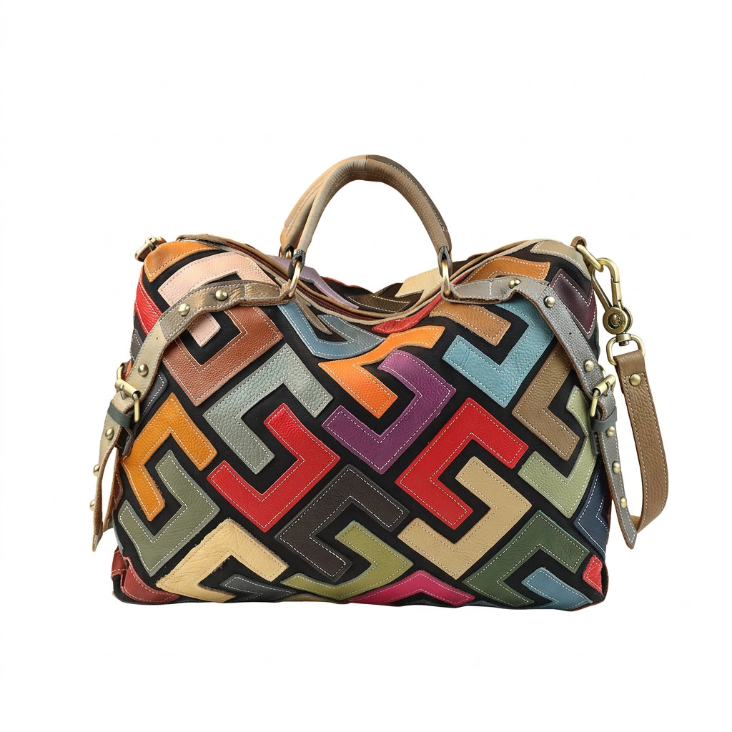 Women's Retro Geometric Color Block Genuine Leather Crossbody Tote Bag