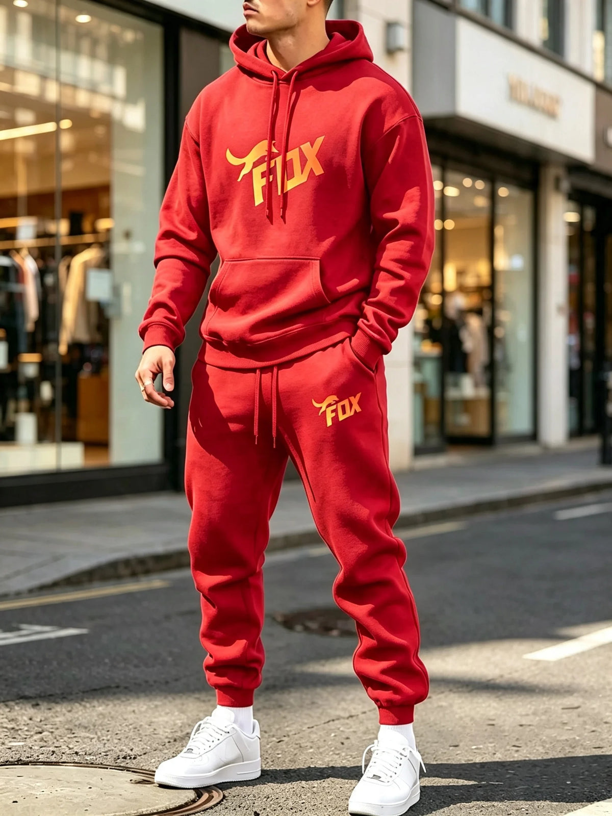 Men's Fox Print Hoodie and Sports Pants Two-Piece Set