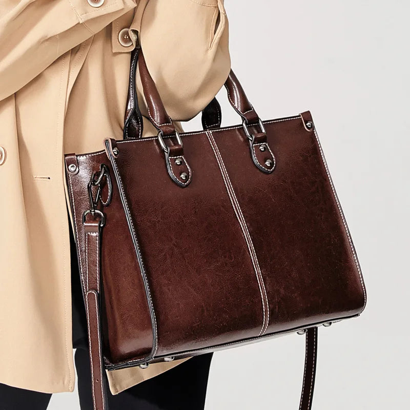 Women's Genuine Cowhide Leather Shoulder Tote Bag