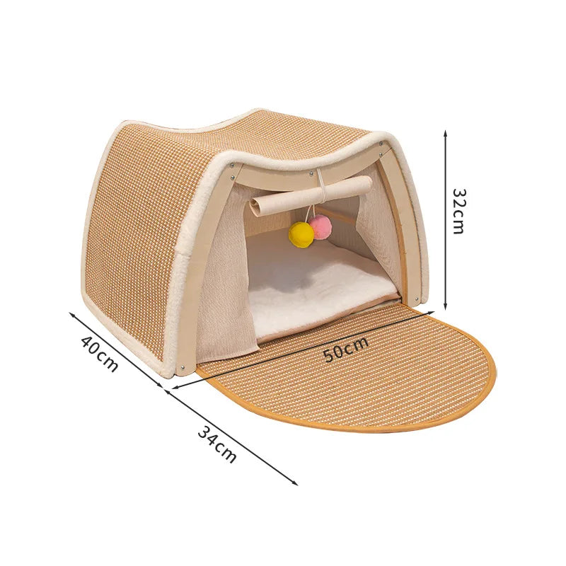 Solid Wood Enclosed Cat Villa Sisal Scratcher All Season