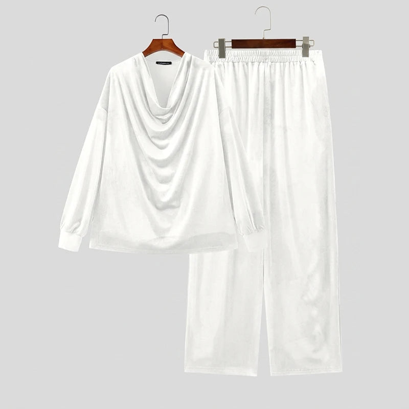 Men's Solid Color Velour Pleated Long Sleeve Two Piece Set