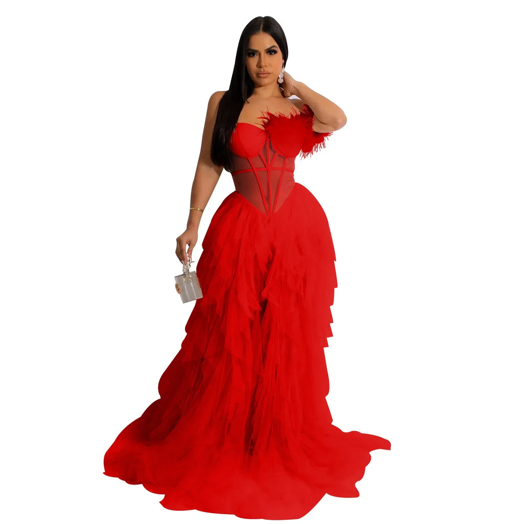 Women's Off-Shoulder Mesh Feather Floor-Length Gown