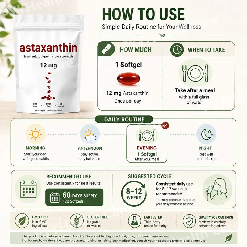 Astaxanthin 12mg Plant-Based Microalgae Dietary Supplement Softgels