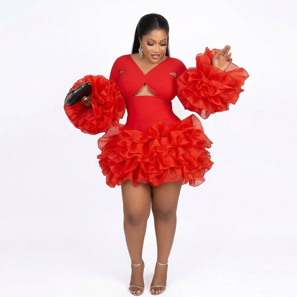Women's V-Neck Petal Sleeve High Waist A-Line Dress