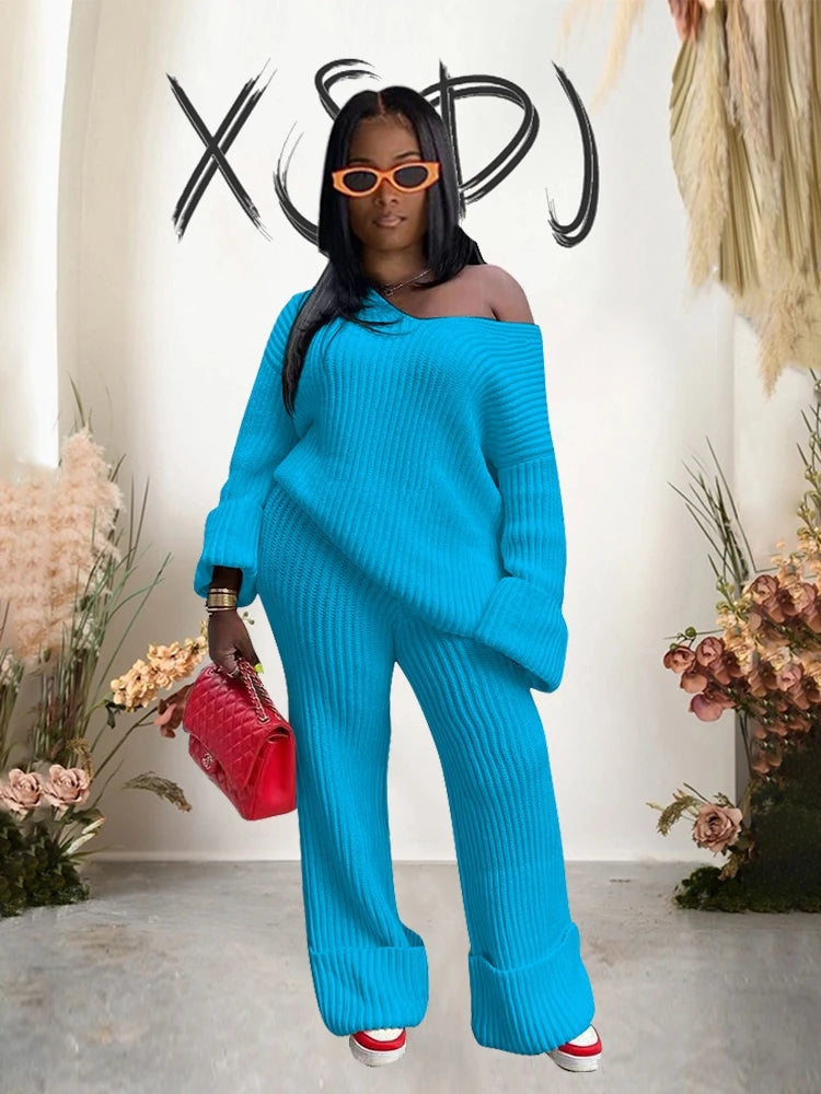 Women's Warm Knitted Sweater and Pants Two-Piece Set