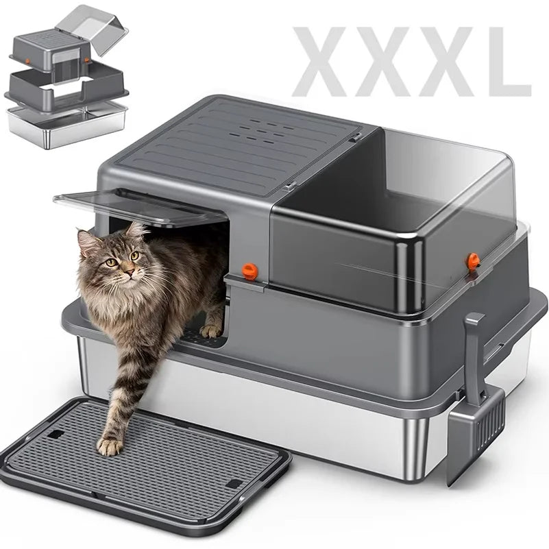 Enclosed Stainless Steel Cat Litter Box for Cats