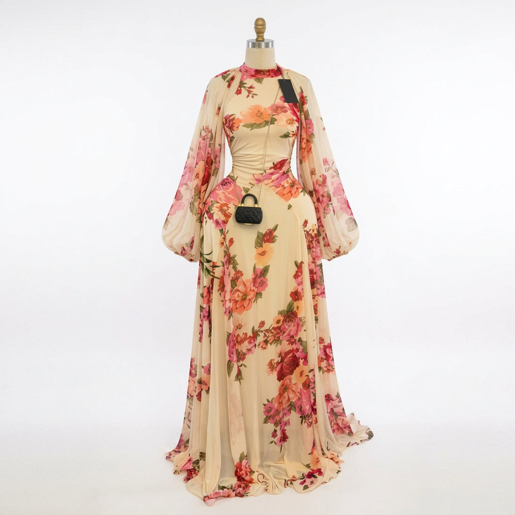 Women's Floral Print O-Neck Mermaid Maxi Dress