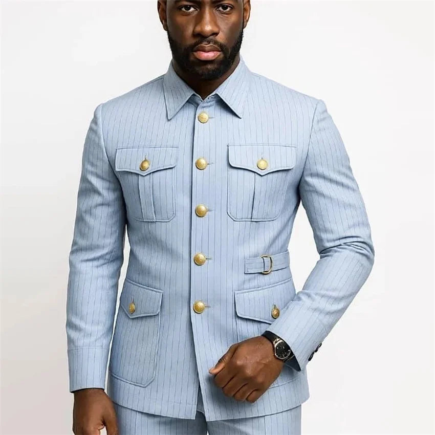 Men's Stripe Safari Slim Fit 2-Piece Suit Set