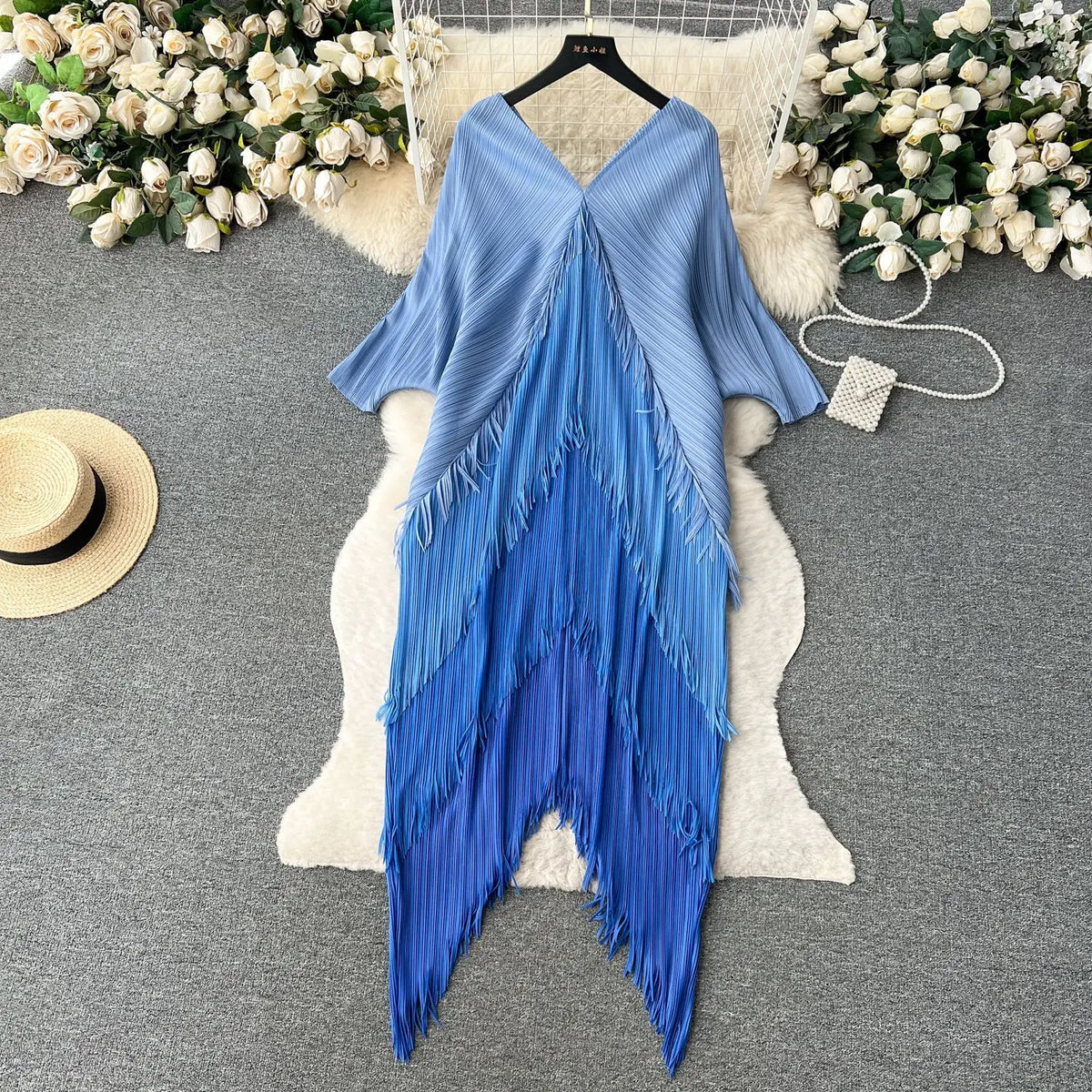 Women's Pleated Color-Block Tassel Mid-Calf Dress