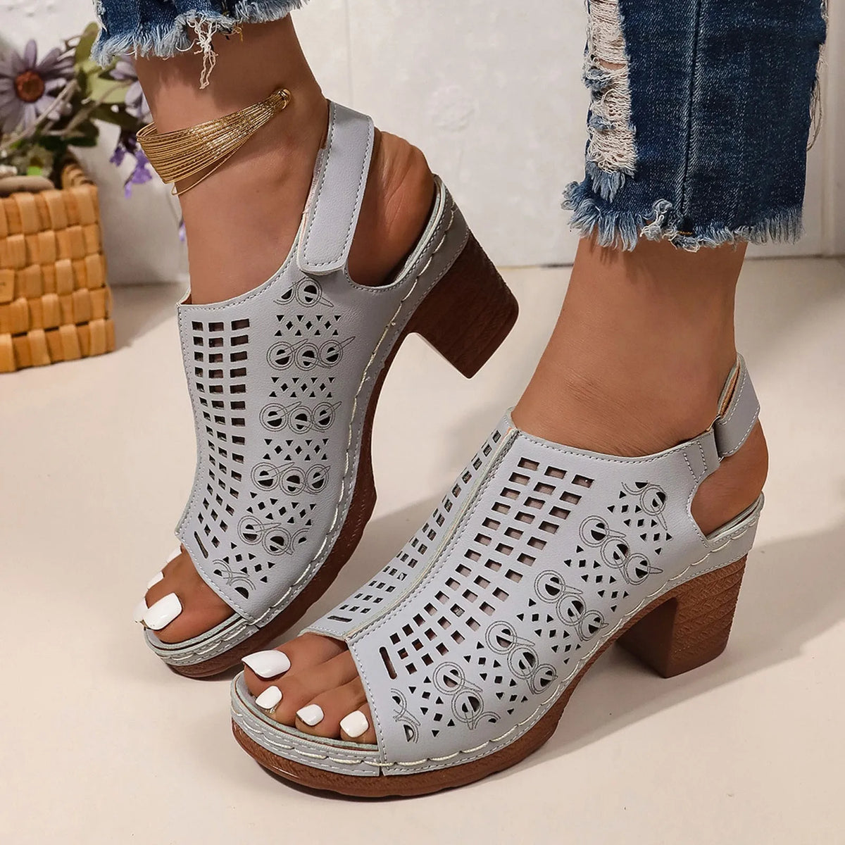 Women's Elegant Block High Heel Ankle Strap Dress Sandals