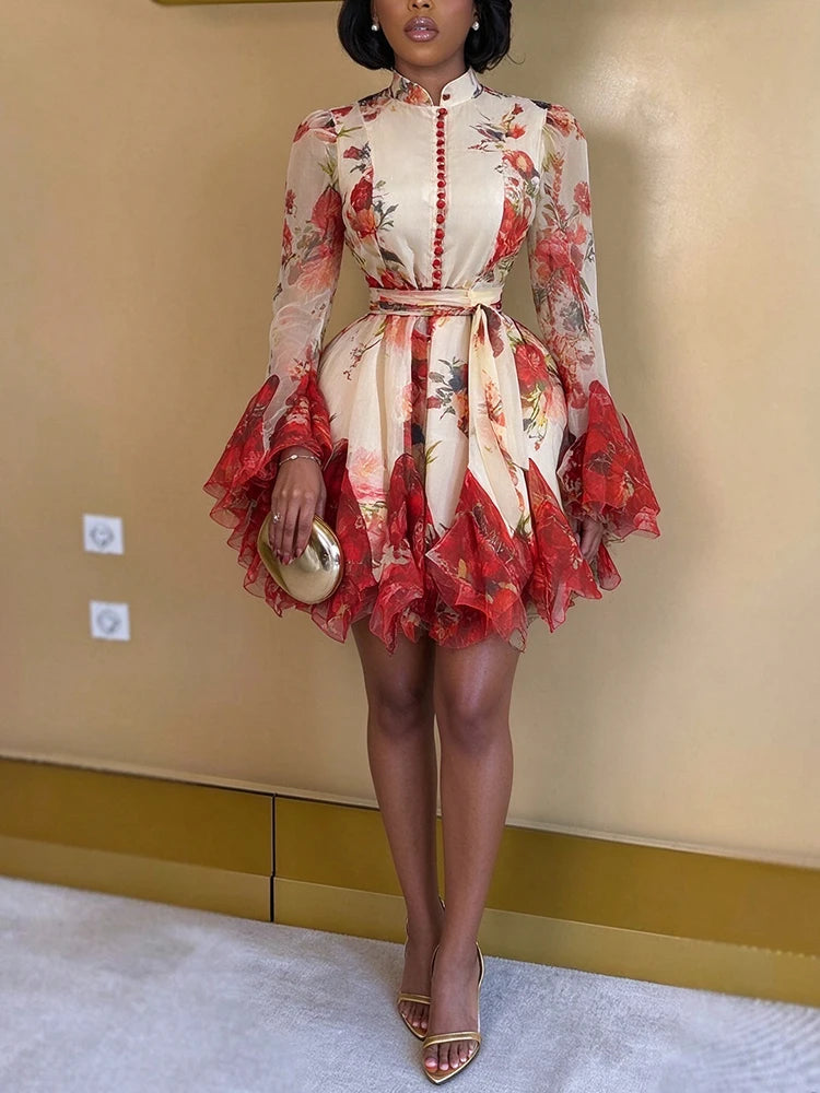 Women's Vintage Floral Lantern-Sleeve A-Line Short Dress