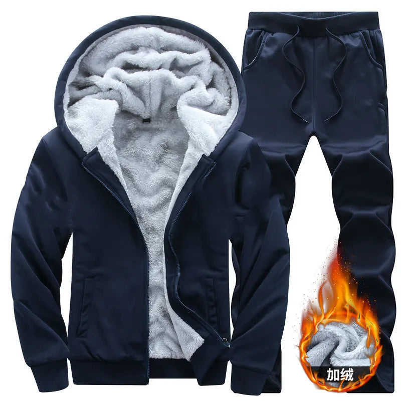 Men's Winter Hooded Plush Thickened Two Piece Set
